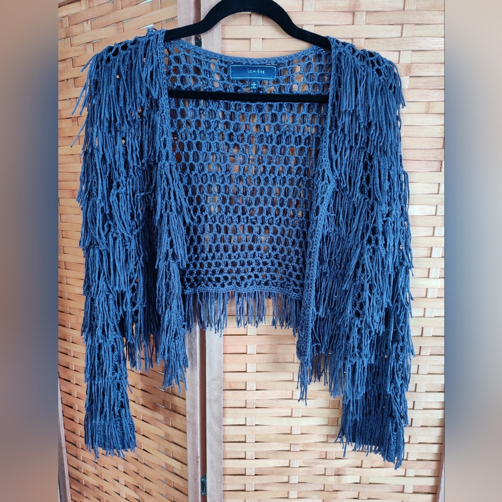 Plum Purple Fringe Open-Knit Crop Cardigan